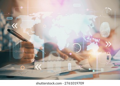 Double exposure of map drawing over people taking notes background. Concept of international connection
