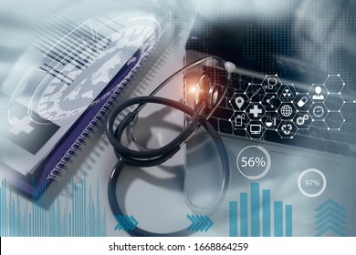 Double Exposure. Medical Examination And Healthcare Business Graph, Medical Technology Network Icon.