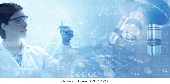 Double exposure microscope and scientist examining liquid sample in a test tube, lab biotechnology concept. - Powered by Shutterstock