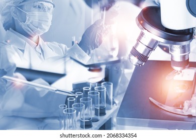 Double exposure microscope Young woman scientific using equipment in the laboratory for research.Biotechnology,development,chemical,study,vaccine,COVID-19. Photo concept experimentation and research.
