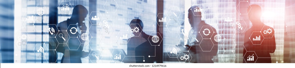 Double exposure mixed media. Diagrams and icons on hologram screen. Business people and modern city on background. Website header banner. - Shutterstock ID 1214979616