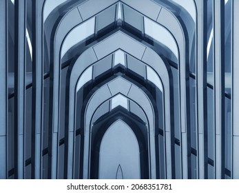 Double exposure of modern architecture resembling church entrance. Abstract steel and glass sturcture of hi-tech building interior. Business real estate. Material geometric background with curvy archs - Powered by Shutterstock