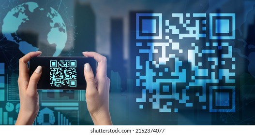 Double exposure of modern city and female hands holding smartphone with QR code on screen