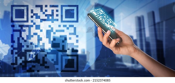 Double exposure of modern city and female hand holding smartphone with QR code on screen