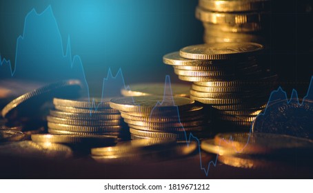 Double Exposure Of Money Coin, Stock Market Or Forex Trading Graph And Candlestick Chart Suitable For Financial Investment Concept. 