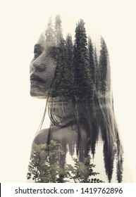 Double Exposure Mystery Head Portrait Of Young Woman Combined With Forest Lake Background. Conceptual Image Showing Depression, Loneliness, Negative Emotions. Isolated On White