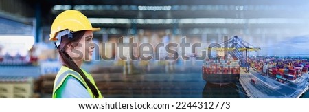 Double exposure of Naval Architects and Marine Engineers and Rear view cargo container ship. Business logistic transportation sea freight, Cargo ship, Container ships in international deep sea ports.