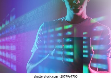 Double Exposure Network Administrator. Server maintenance specialist. Photo of man in front of server racks. Cyber administration background. Telecommunication background pattern. IT cyber texture