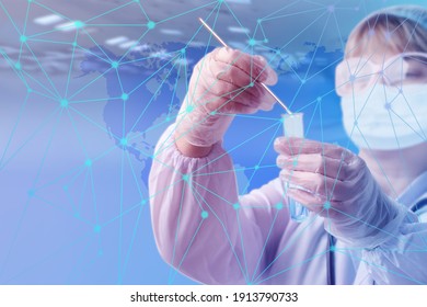 Double Exposure Neural, Social Network, Scientist, Doctor Holds A Laboratory Test Tube And Does A Test Of Biological Material For DNA, Pathologies, Viruses, Blue Virtual Display