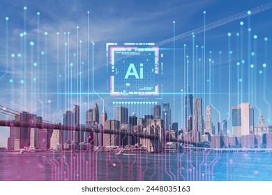 Double exposure of New York City skyline with digital hologram AI interface, blue and pink light concept of future technology. Double exposure - Powered by Shutterstock - Get 15% off with code: PIKWIZARD15