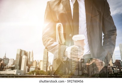 Double Exposure With New Yorker Business Man Over Manhattan Skyline