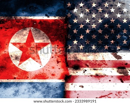 Double exposure of North Korean flag and American flag, American soldier crossing border North Korea. Depicts North Korea's detention of American citizens. Useful for basemaps or report descriptions