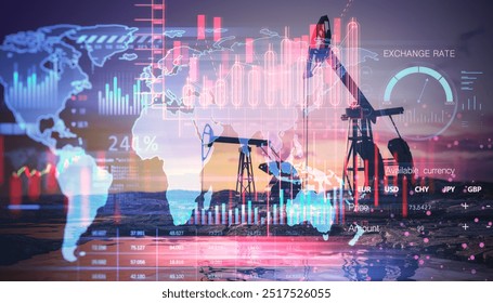 Double exposure of oil rig and digital financial charts, graphs, and diagrams overlaying a world map background, representing global energy market analysis