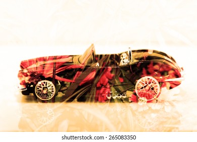 Double Exposure Old Classic Car With Flower Background