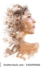 Double Exposure. Paintography. Portrait Of A Beautiful Young Female Model Disappearing Behind Black Ink Painting On White Background