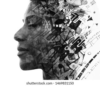 Double Exposure. Paintography. Portrait Of A Beautiful Young Female Model Disappearing Behind Black Ink Painting On White Background