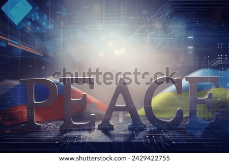 Double exposure Peace Word Written In Wooden Letters and abstract technology background. International conflict, American hegemony, War. 