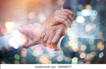Double Exposure People Hand Assemble Corporate Meeting Teamwork Concept with bokeh background