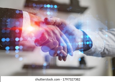 Double exposure of people handshake background and world map hologram. Inernational connection. - Shutterstock ID 1797327382