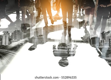 Double Exposure Of People Walking And Cityscape Representing Urban Life.