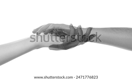 Double exposure of people's hands on white background, closeup. Black and white effect