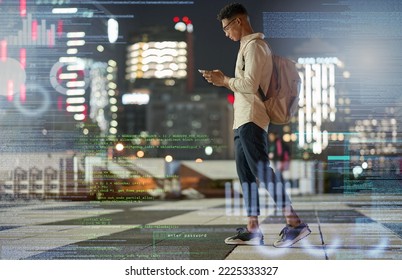 Double exposure, phone and man trading with cryptocurrency or hacking online with 5g network in night city with urban buildings. Gen z African trader with smartphone for data analytics app overlay - Powered by Shutterstock