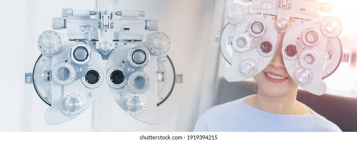 Double exposure phoropter machine with middle age woman eye exam with diagnostic ophthalmology in optical clinic. professional ophthalmic checking vision of patient. ophthalmology concept.