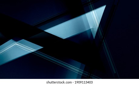 Double exposure photo of abstract architectural surfaces. Walls, ceiling. Futuristic interior fragment in blue color. Polyhedron or triangular geometric background structure with multiple facets.