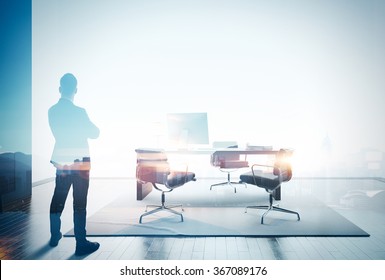 Double Exposure Photo Of Businessman In Contemporary Office. Color