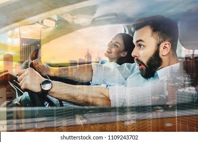 Double Exposure Photo Of Happy Couple Driving In New Car With Smile