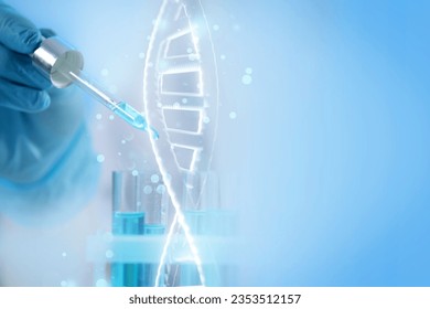 Double exposure with photo of scientist working with sample and structure of DNA on light blue background - Powered by Shutterstock