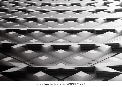 Double exposure photo of windows. Grunge low angle view. Abstract modern architecture. Concrete building exterior. Hi-tech geometric structure with regular pattern of polygonal elements. - Shutterstock ID 2093874727