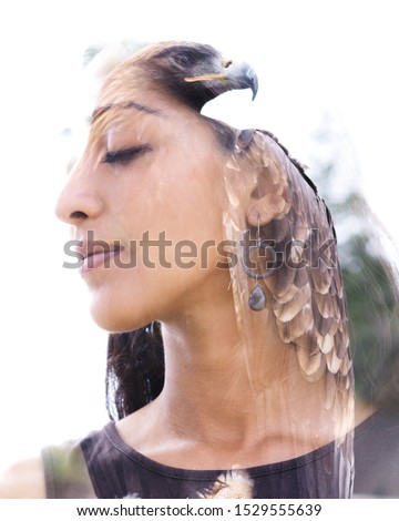 Double exposure photography blends the eagle's strength with the woman's peaceful expression