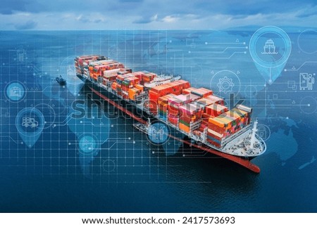 Double exposure of point of map global partnership ship cargo business commercial logistic and transportation international import export by freight cargo ship in the open seaport show ocean business.