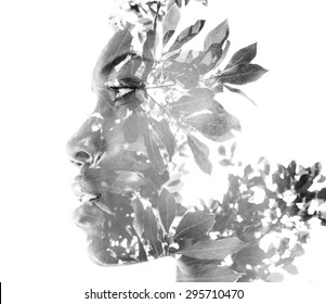 Double Exposure Portrait Of Attractive Woman Combined With Photograph Of Nature