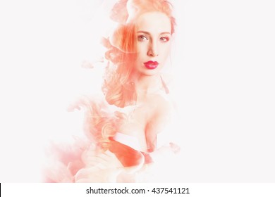 Double Exposure Portrait Of Attractive Woman Combined With Watercolor Drawing.