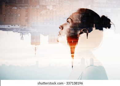 Double Exposure Portrait Of Attractive Young Girl With Night City