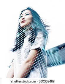 Double Exposure Portrait With Beautiful Asian Business Woman And Modern Skyscraper