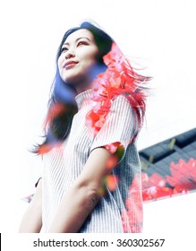 Double Exposure Portrait With Beautiful Asian Business Woman And Red Flowers