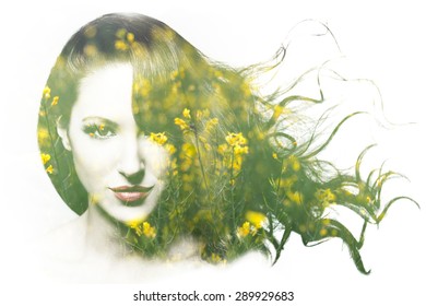 Double Exposure Portrait Of Beautiful Caucasian Woman 