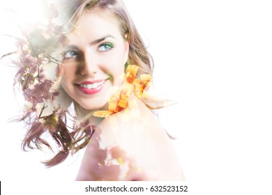 Double exposure portrait of beautiful woman, sunset sea and flowers. Concept of travel, vacation, human harmony and nature.