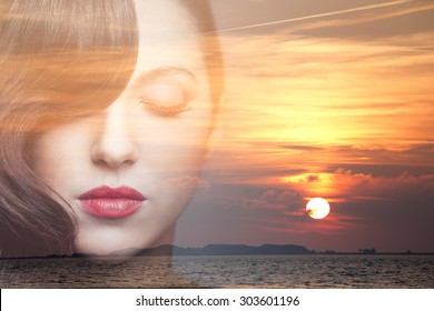 Double Exposure Portrait Of Beauty Young Woman Dreaming.