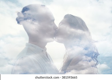 Double Exposure Portrait Of Couple Kiss