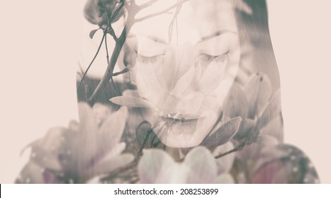 Double Exposure Portrait Of A Dreamy Woman