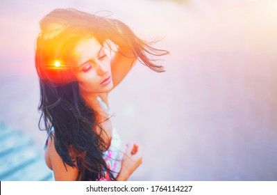 Double exposure portrait of free calm woman outdoors with eyes closed and sun hair on summer beach, nature sunrise or sunset. closeup. Psychology freedom power of mind concept. Deep breath yoga relax.