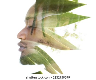 A double exposure portrait of a male model combined with an image of leaves.