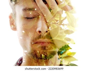 Double exposure portrait of a man combined with nature - Shutterstock ID 2220983699