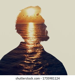 Doppelporträt eines Mannes in Betrachtung bei Sonnenuntergang