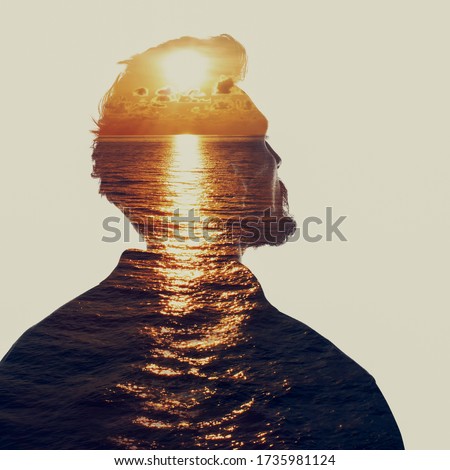 Double exposure portrait of a man in contemplation at sunset time