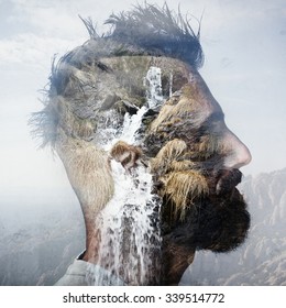 Double Exposure Portrait Of  Man With Mohawk And A Mountain